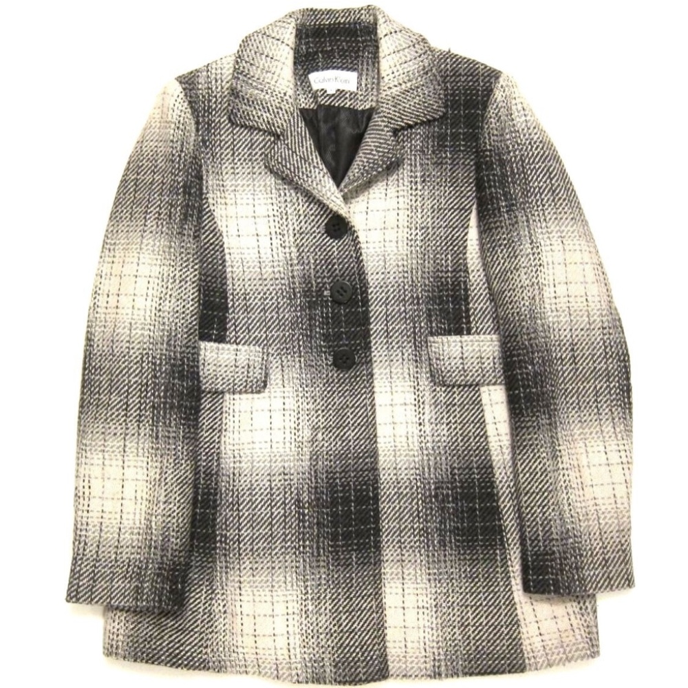 Calvin Klein Wool Blend Black Gray White Plaid Three Button Coat